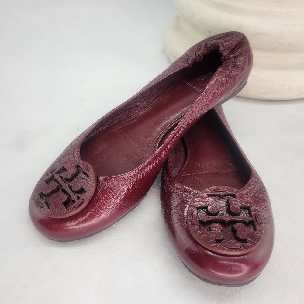 TORY BURCH Reva Burgundy Leather Ballet Flats 6.5M